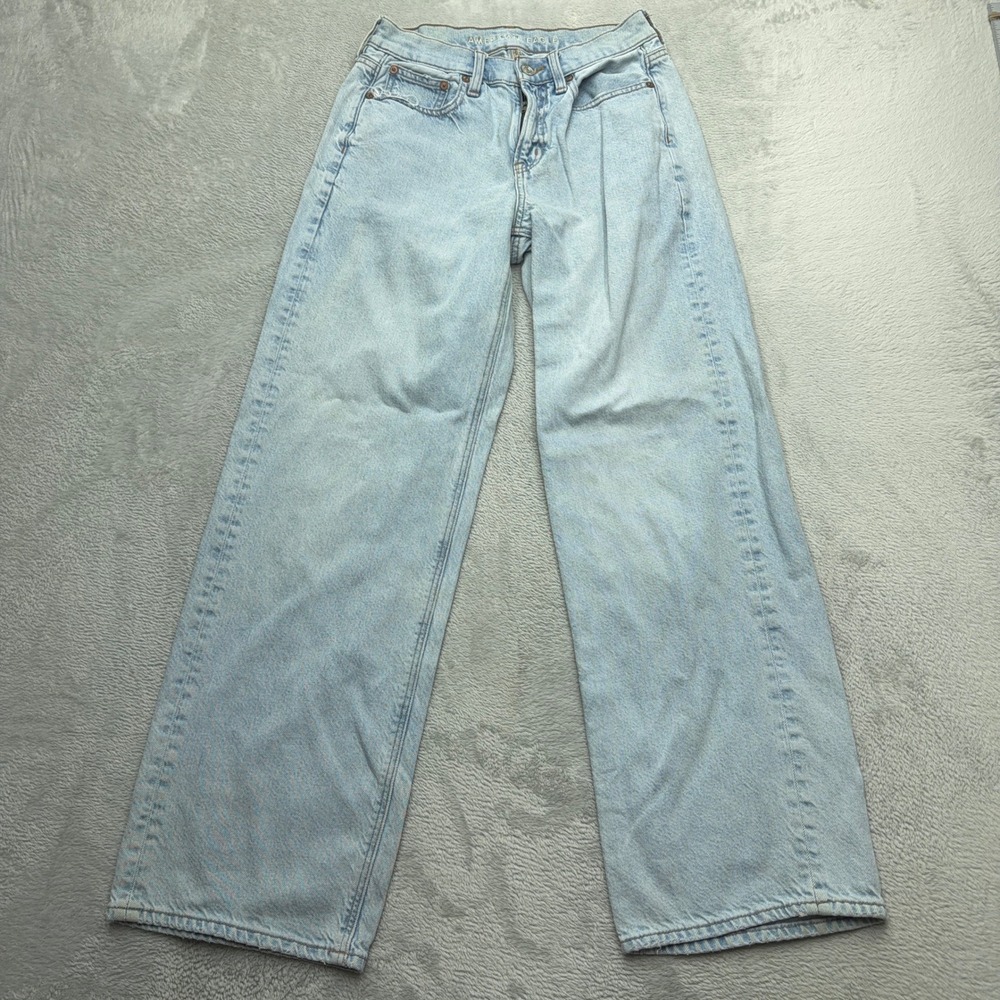 American Eagle 90s Wide Leg Jeans Womens 4 Blue Light Wash Denim High Rise Baggy